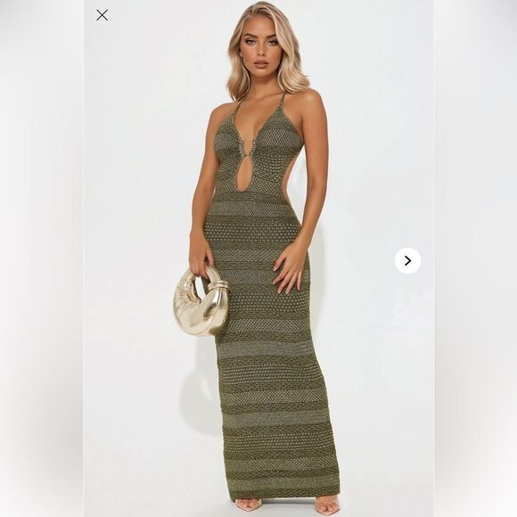 Fashion Nova Dresses & Skirts - NWOT Fashion Nova Ibiza Metallic Crochet Maxi Dress in Olive Size Medium